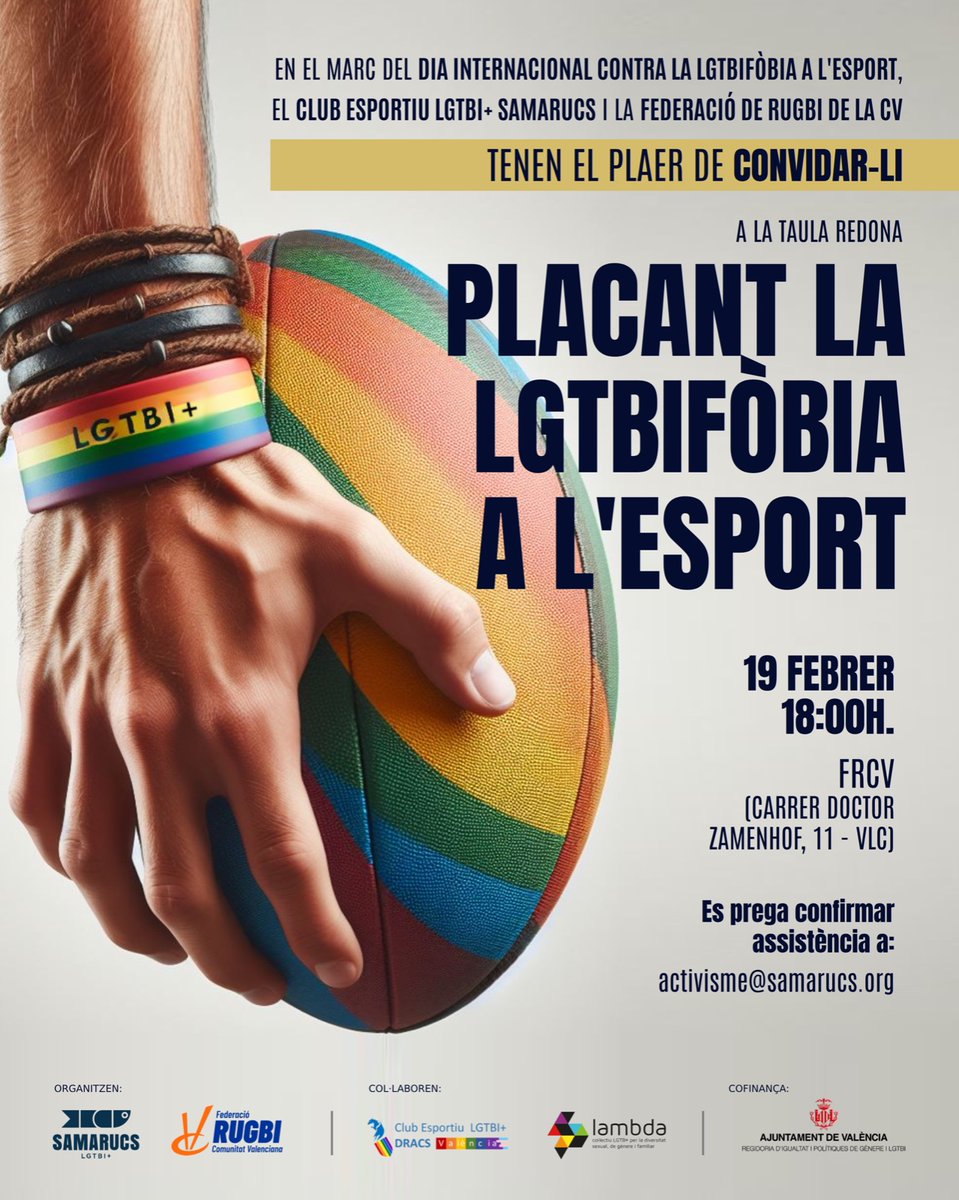ferugbycv's tweet photo. El próximo lunes os esperamos en la #frcv para debatir y hablar sobre la LGTBIFOBIA en el deporte. #lamdba #Samarucs https://t.co/tRucmA6UTt