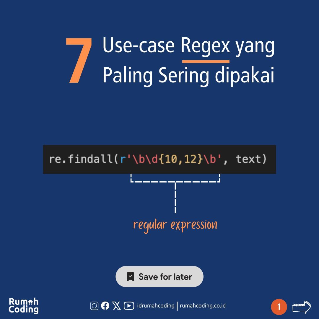 idrumahcoding's tweet image. Menyusun regex sendiri dari awal memang cukup mengasikan, tp juga cukup menguras waktu dan energi. Berikut saya sajikan beberapa use-case regex yang paling banyak digunakan. Tinggal pakai, gak perlu pusing bikin.

#python #coding #regex #RegexMagic #TextManipulation #CodeWizardry