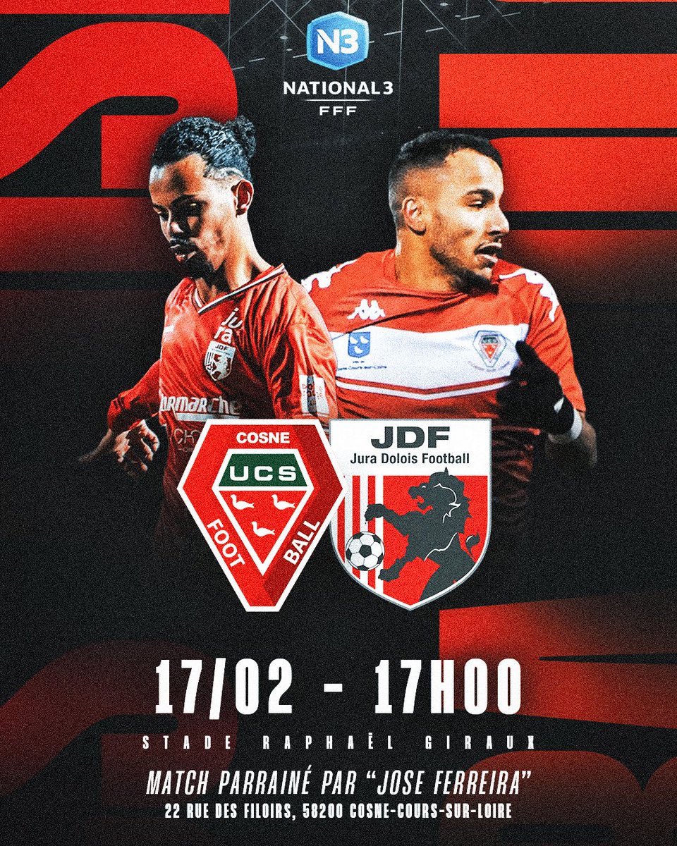 UCS_Cosne_Off's tweet photo. 🔴⚪️ 𝐔𝐂𝐒 𝐂𝐎𝐒𝐍𝐄 𝗏𝗌 𝐉𝐔𝐑𝐀 𝐃𝐎𝐋𝐎𝐈𝐒 ⚪️🔴

🔜 Ce samedi, nos Cosnois reçoivent le Jura Dolois Football pour le compte de la 16ème journée de National 3 ! 

❤️ Merci à José Ferreira de parrainer ce match !

🏆 | 16ème journée de National 3
🏟️ | Stade Raphaël Giraux https://t.co/KIoQ3rQIyC