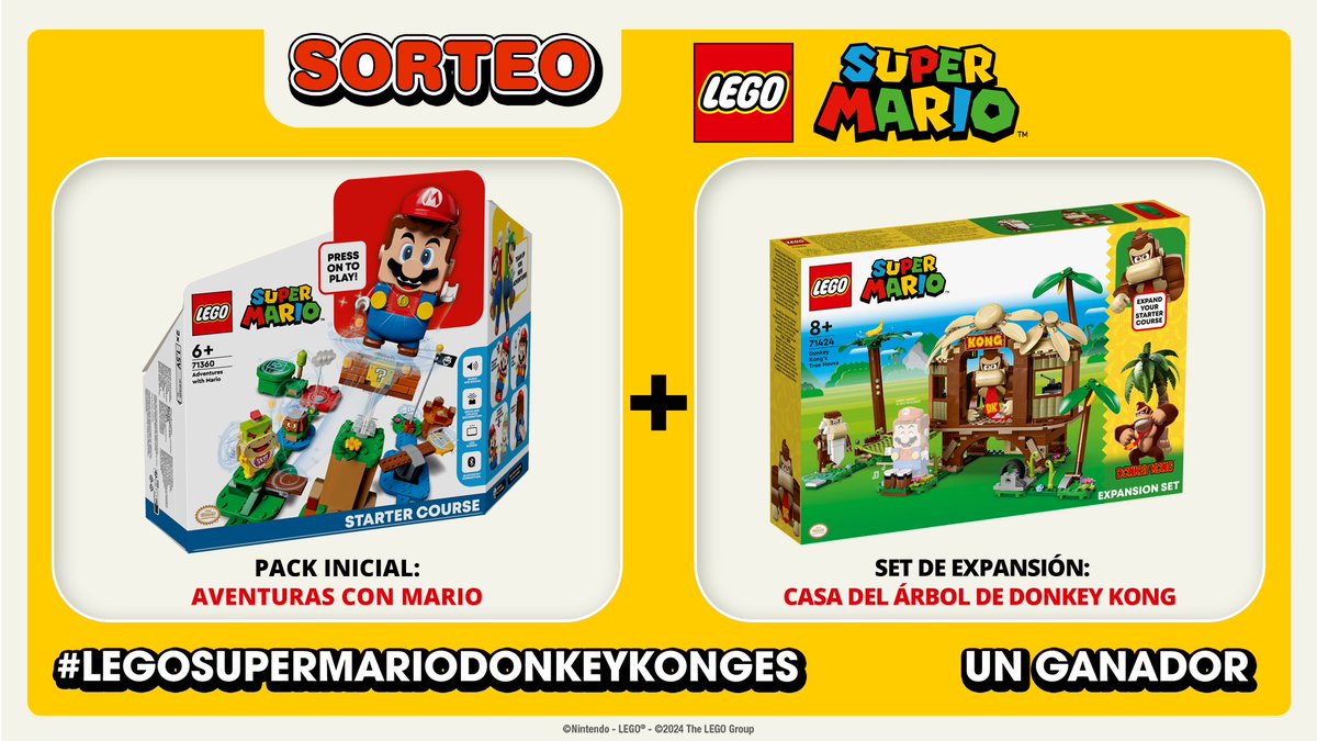 NintendoES's tweet photo. 🎁 ¡Sorteamos un Pack Inicial: Aventuras con Mario y un Set de Expansión: Casa del árbol de Donkey Kong, de LEGO Super Mario! 🎁

► Haz repost y cuéntanos en qué juego conociste a Mario y Donkey Kong con #LEGOSuperMarioDonkeyKongES. ¡Solo hoy!

Más info: https://t.co/f2X5hv4IFb https://t.co/FMXXEALYGA
