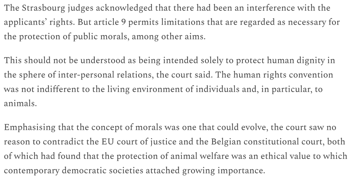 Ban on ritual slaughter of animals without prior stunning in Flemish and Walloon Regions does not breach #Convention - balancing Art. 9 against public morals and #animal #rights. rozenberg.substack.com/p/ban-on-halal… hudoc.echr.coe.int/eng?i=001-2308… HT @JoshuaRozenberg