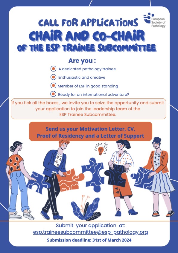 EspTrainee's tweet photo. 🌍 Are you an ESP trainee member passionate about pathology and ready for an international leadership adventure? Then don't miss this chance to contribute to our dynamic community! We're looking for our next Chair &amp; Co-Chair of the ESP Trainee Subcommittee. #Pathology https://t.co/occS0hzsPA