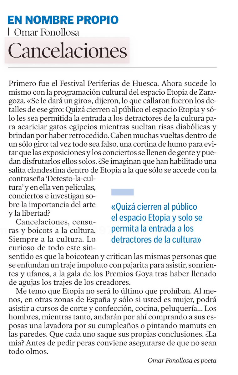Mi columna de este mes está dedicada a la cultura, porque es inadmisible que la destruyan.

<a href="/etopia_/">Etopia: Emprendimiento, Innovación y Tecnología</a> <a href="/ZCultura/">Zaragoza Cultura</a> <a href="/culturainquieta/">Cultura Inquieta</a>