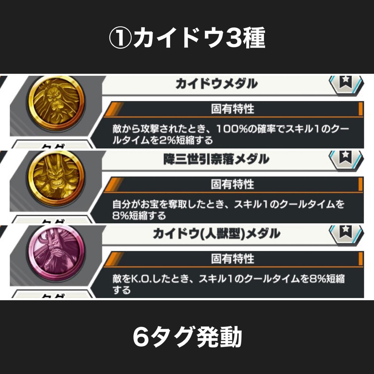 ランカー帯でよく使われているロジャーのメダル一覧】 ①カイドウ3種