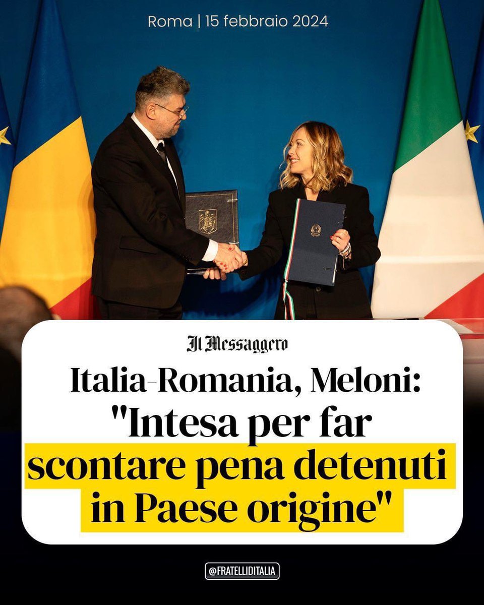 FratellidItalia's tweet photo. 🔵 L’accordo sottoscritto tra il Presidente #Meloni e il Primo ministro romeno Ciolacu, prevede, tra le altre cose, che i detenuti condannati in via definitiva nelle rispettive Nazioni scontino la pena nello Stato d’origine. 

Un nuovo successo del Governo italiano. https://t.co/NRsqSQA2rr