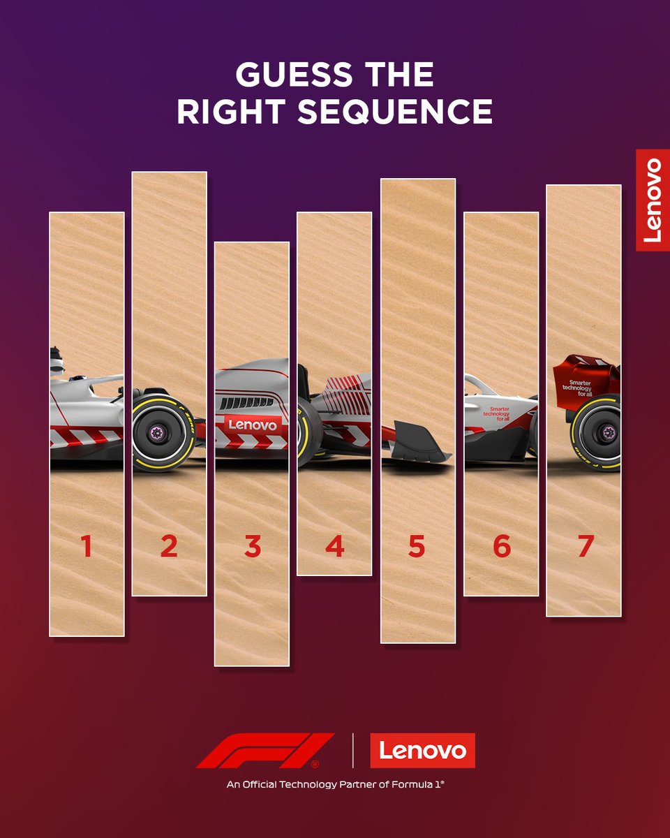 Lenovo_ME's tweet photo. هل يمكنكم فك شيفرة السيارة وإعادتها إلى مسارها الصحيح؟ 🏎️ 

اكتبوا لنا أدناه الترتيب الصحيح لصورة السيارة مع هاشتاج #LenovoF1 لتحظوا بفرصة الفوز بالعديد من جوائز وتذكرتين لسباق جائزة جدة الكبرى للفورميولا١ ٢٠٢٤. 🏁  

*هذه المسابقة متاحة للمقيمين في المملكة العربية السعودية فقط. https://t.co/eogn60zuox