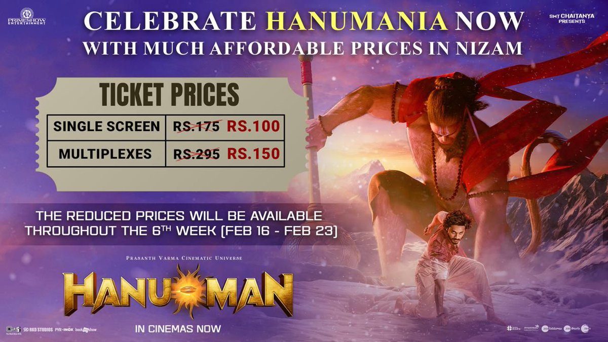 Celebrate the #HanuMania at Lowest prices in the Nizam Area since the release, at ₹100/₹150 from Today!