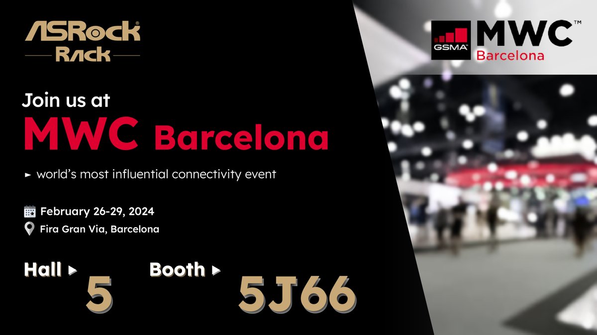 🎉Exciting news! @ASROCKRACK is making its debut at MWC Barcelona 2024. Join us to witness firsthand how our cutting-edge servers are revolutionizing hardware experiences. Be sure to drop by our booth at Hall 5- #5J66 and let's explore the potential together. 👋