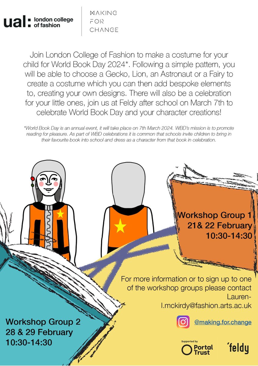 Poplar Union | East London Arts Venue (@poplarunion) on Twitter photo Character Costumes is a project inviting local parents to come and make a costume for their child ahead of World Book Day on March 7th! 📚
There is limited space for this workshop - for more information or to sign up for a place, contact Lauren l.mckirdy@fashion.arts.ac.uk 📧 Character Costumes is a project inviting local parents to come and make a costume for their child ahead of World Book Day on March 7th! 📚
There is limited space for this workshop - for more information or to sign up for a place, contact Lauren l.mckirdy@fashion.arts.ac.uk 📧