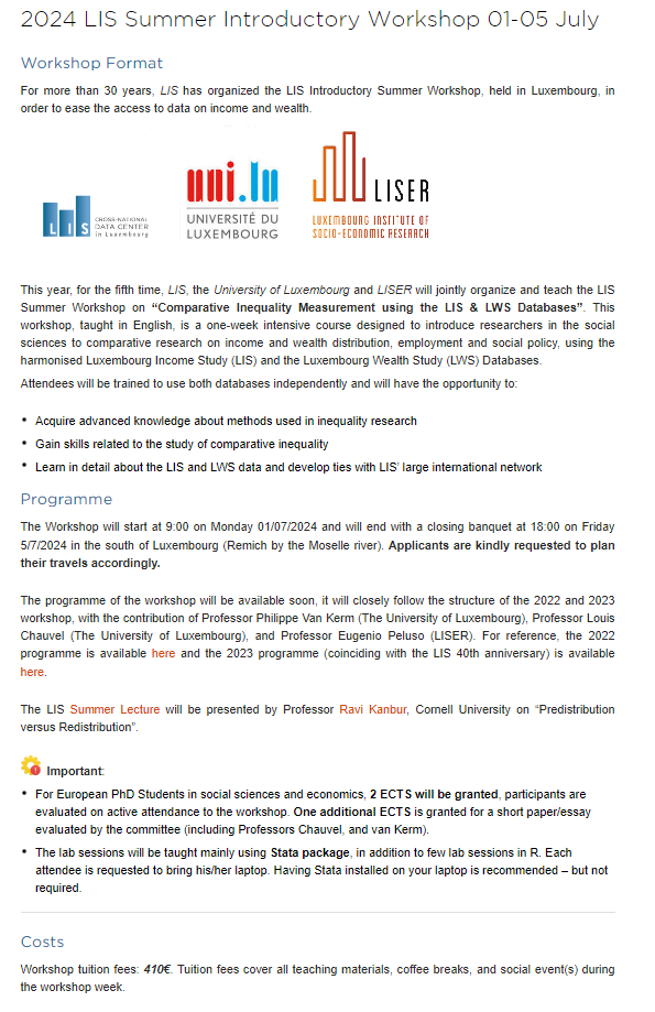 lisdata's tweet photo. This year, for the fifth time, LIS, @uni_lu  and @LISERinLUX will jointly organize and teach the LIS #SummerWorkshop on "Comparative #Inequality Measurement using the LIS &amp; LWS Databases"
https://t.co/m22CYf5do3 #lisdata #lwsdata https://t.co/Oq6xt7ZvkE