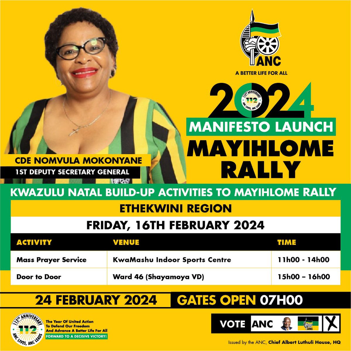 Today’s Schedule.Let’s paint KZN, Black, Green and Gold of the ANC. 
#FillUpMosesMabhida
#ANCManifestoLaunch
#RegisterToVoteANC.