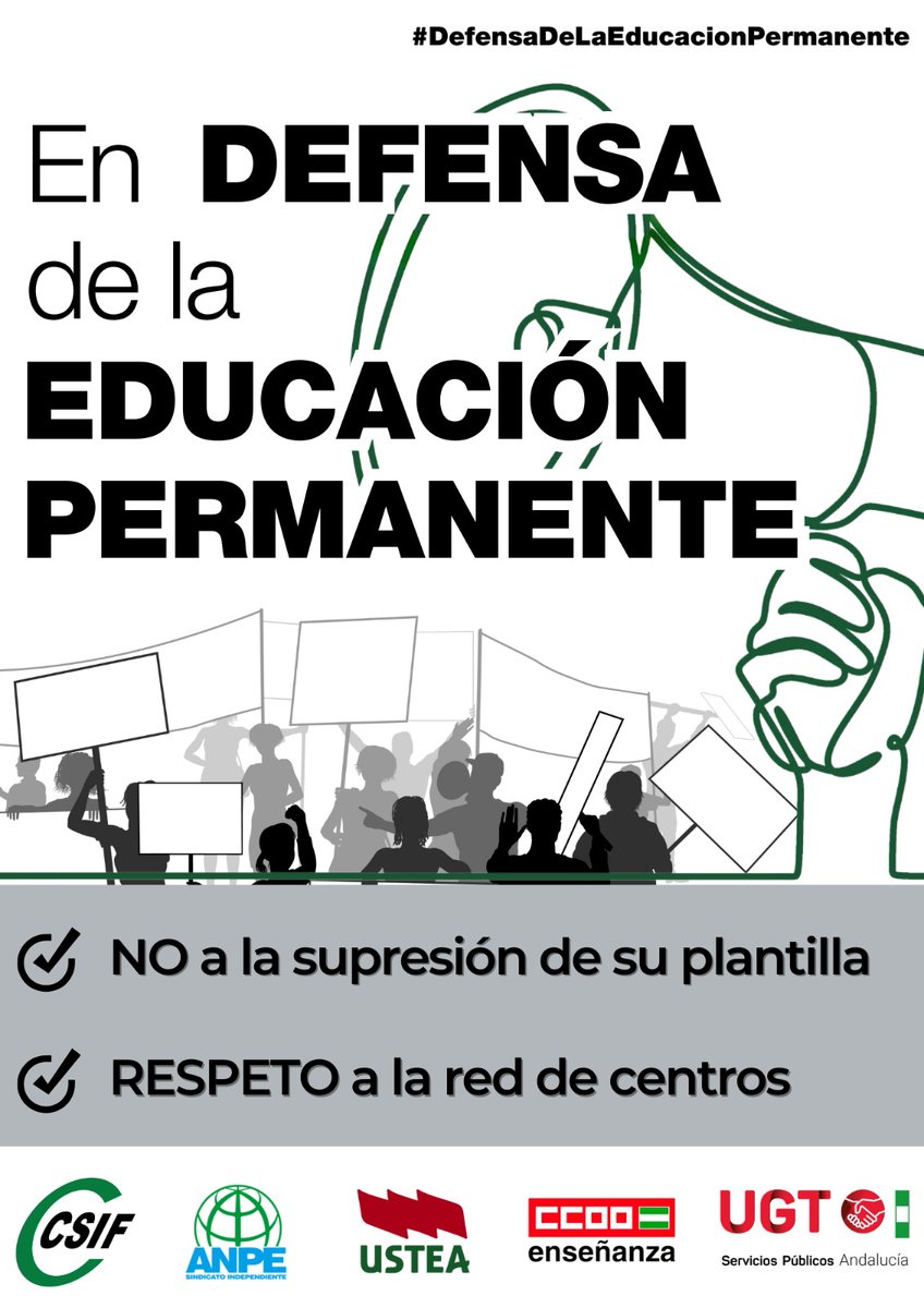 📢¡EN DEFENSA DE LA EDUCACIÓN PERMANENTE!

❌No al recorte de plantillas
✅Respeto a la red de centros