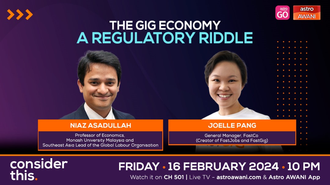 The Govt is mulling setting up a dedicated regulatory body for the gig economy in a bid to protect worker welfare. How might it impact gig workers, gig platforms & consumers? Tonight on #ConsiderThis I ask @Niaz_Asadullah & Joelle Pang @FastGigMY how much regulation is too much.
