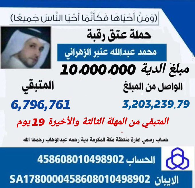 Zhran013's tweet photo. #نخوة_العنود 
فزعتكم يا اهل الخير في عتق رقبة #محمد_عبدالله_الكناني
وتفريج كربته واسعاد ابنته الوحيده.
متبقي من المهلة اقل من عشرون يوم وينكم ياهل النخوه وينكم يالباس الجنب وينكم ياهل النوماس وينكم يافزعة المضيوم في ساعة الضيق. #العنود_الزهراني_تنخاكم 
المتبقي 6,856,122ريال https://t.co/WSCgle1nM6