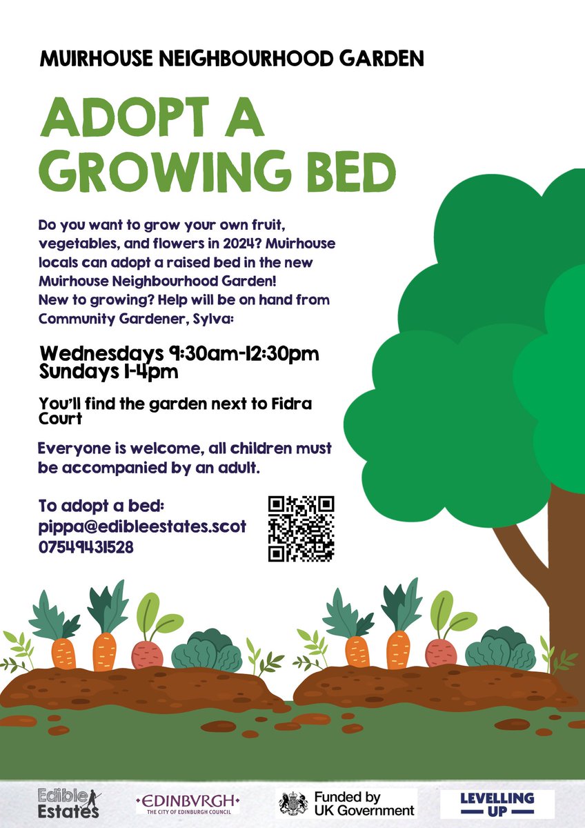 2024 = 1st growing season at Muirhouse Neighbourhood Garden ☀️! Growing sessions start next week, supported by Sylva 😊. Want to get growing fruit, veg & flowers? Adopt a raised growing bed 🍓🥕🌻 Scan the QR below to apply/pick up a paper copy at the garden 🌱. Details ⬇️