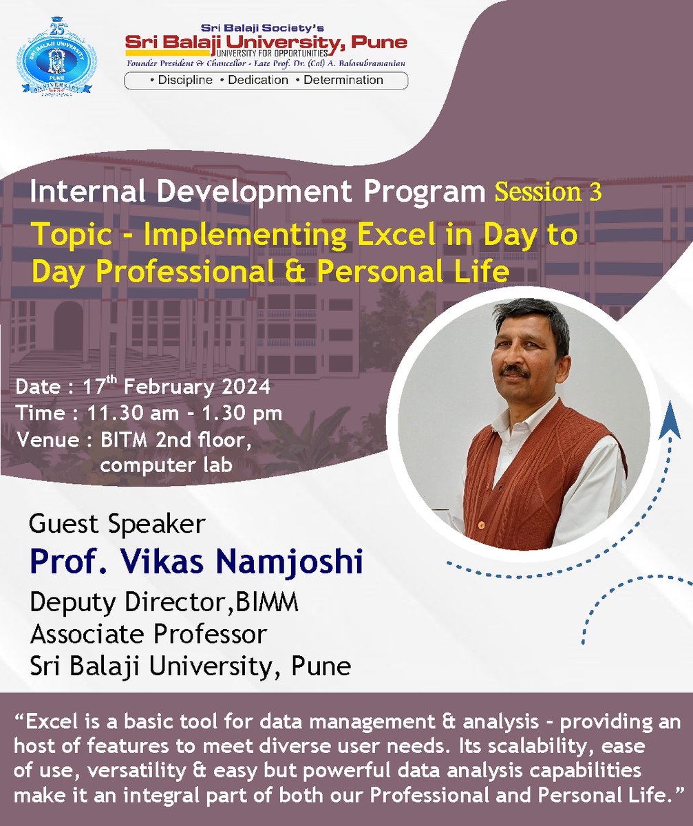 sbupune's tweet image. Session 3 of SBUP’s Internal Development Program is scheduled for February 17th at BITM 2nd floor Computer Lab, on the Topic of Implementing Excel in day-to-day professional and personal life. Make sure you register.
#SBUP #excelworkshop #skillup #SBUPIDP #BITM
