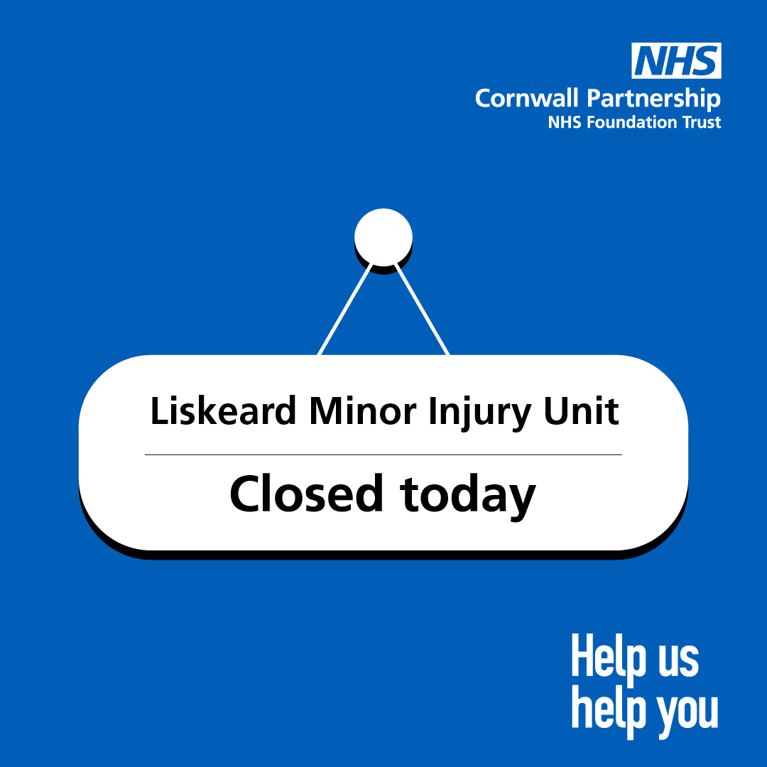 Liskeard Minor Injury Unit is closed today (Friday 16 February). If you need a minor injury unit, check live waiting times before leaving home: cornwallft.nhs.uk/miu-waiting-ti…