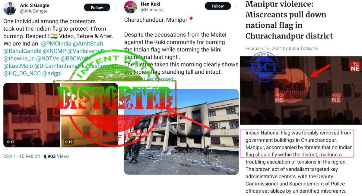 1644
ANALYSIS: Distorted

FACT: News is being circulated claiming that the Indian flag was not desecrated &amp; removed to protect from fire at the SP office in Manipur's Churachandpur. Fact is that the Indian National Flag was forcibly removed from government buildings ,(1/3)