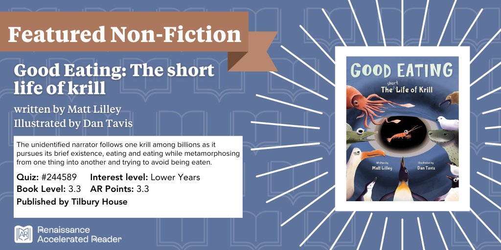 Accelerated Reader UK & Ireland (@accreader) on Twitter photo Today is #NonFictionFriday at the AR headquarters!
In this week’s pick by <a href="/mlilleywriter/">Matt Lilley: Good Eating: The Short Life of Krill</a>, dive into the world of a lone krill's extraordinary journey—devouring, metamorphosing, and evading predators. <a href="/tilburyhouse/">Tilbury House Publishers</a> Today is #NonFictionFriday at the AR headquarters!
In this week’s pick by <a href="/mlilleywriter/">Matt Lilley: Good Eating: The Short Life of Krill</a>, dive into the world of a lone krill's extraordinary journey—devouring, metamorphosing, and evading predators. <a href="/tilburyhouse/">Tilbury House Publishers</a>