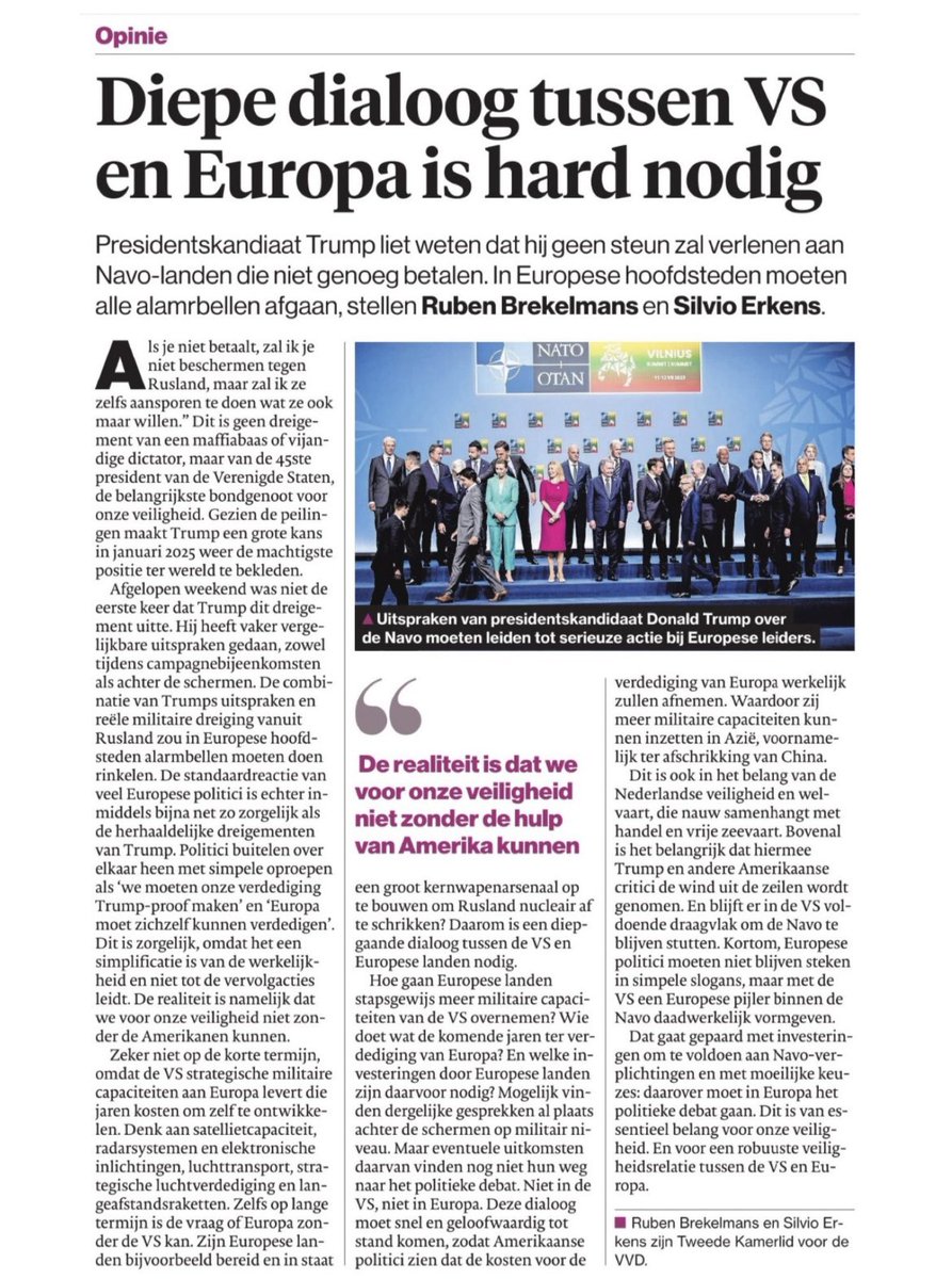 Europa en Nederland moeten meer verantwoordelijkheid nemen voor hun eigen veiligheid binnen de NAVO. Dat vergt een sterkere krijgsmacht met een grotere eigen defensie-industrie. Nederland moet daar ook op leveren. Opiniestuk van @rubenbrekelmans en mijzelf in @ADnl 👇