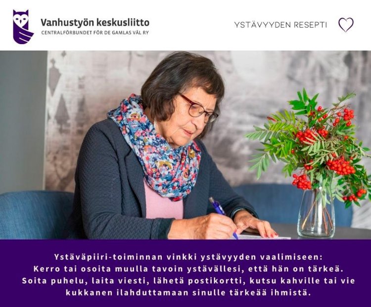 Ystäväpiiri-toiminnan vinkki ystävyyden vaalimiseen: 
Kerro tai osoita muulla tavoin ystävällesi, että hän on tärkeä. Soita puhelu, laita viesti, lähetä postikortti, kutsu kahville tai vie kukkanen ilahduttamaan sinulle tärkeää ihmistä.

#YstävyydenResepti 
#Ystäväpiiri