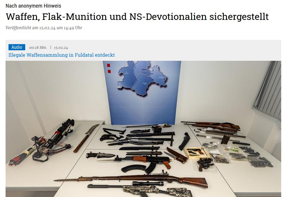 AfaNord's tweet photo. #Waffenlager in #Fuldatal #Kassel entdeckt. Bei einem 40-jährigen wurden nach anonymem Hinweis am 1.2.24 u.a. #Nazi-Devotionalien, 18 Messer, 19 Kurzwaffen, Schalldämpfer, Äxte, Macheten, scharfe Munition & Magazine für Schusswaffen gefunden.
#NoNazis #Hessen #Einzelfall #Razzia https://t.co/a9XwBLnd7n