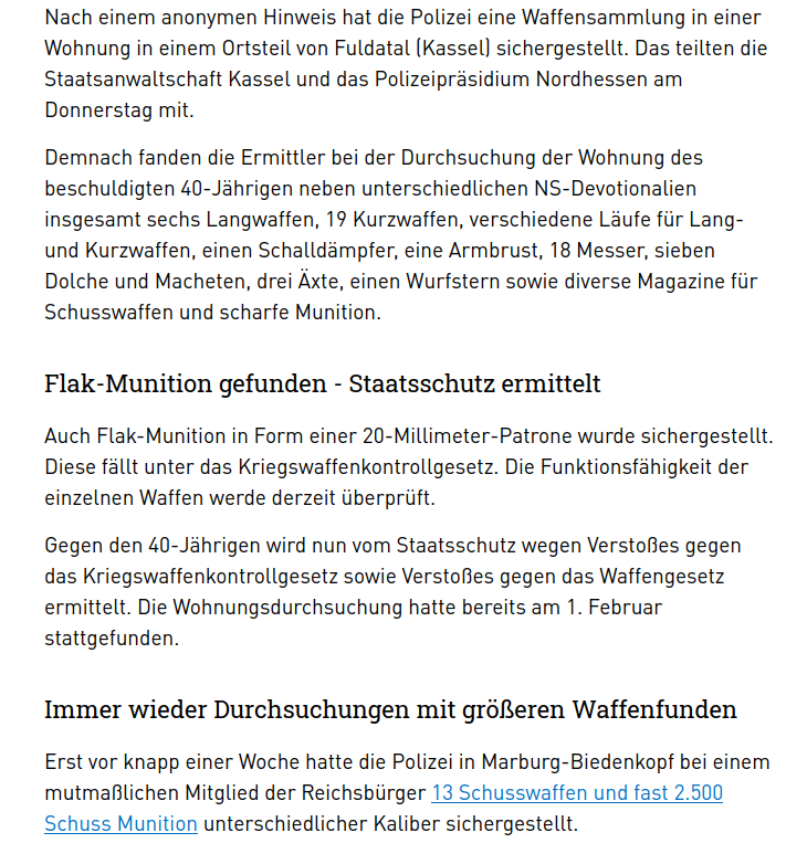 AfaNord's tweet photo. #Waffenlager in #Fuldatal #Kassel entdeckt. Bei einem 40-jährigen wurden nach anonymem Hinweis am 1.2.24 u.a. #Nazi-Devotionalien, 18 Messer, 19 Kurzwaffen, Schalldämpfer, Äxte, Macheten, scharfe Munition & Magazine für Schusswaffen gefunden.
#NoNazis #Hessen #Einzelfall #Razzia https://t.co/a9XwBLnd7n