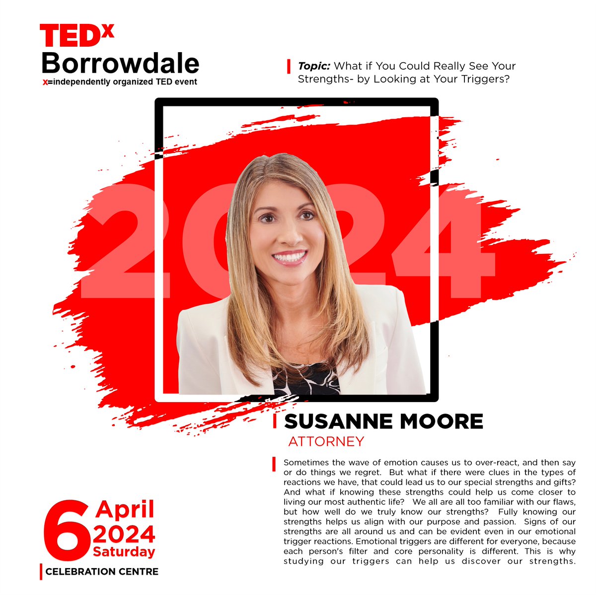 Susanne Moore, a Registered Nurse and attorney, will be the speaker at the TEDx Borrowdale event on April 6th, 2024. She leads a large company, authored two books, and serves on the board of Kulture City, an international non-profit organization dedicated to sensory inclusion.