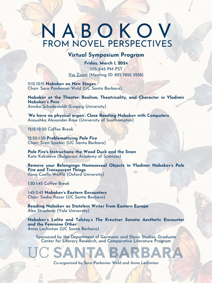 Nabokov from novel perspectives 🦋 virtual symposium <a href="/ucsantabarbara/">UC Santa Barbara</a>, 1st March, from 7.15pm GMT
I'll be presenting 'We have no physical organ: reading Nabokov with computers' exploring the possibilities and limitations of using digital humanities to find 'the Jew in the text'👁️