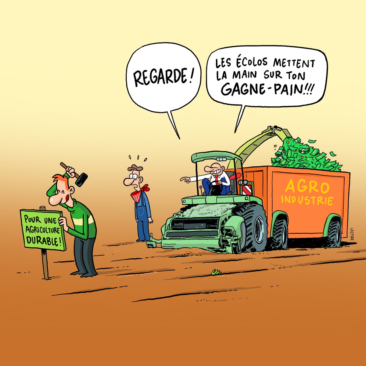 On dirait que pointer les mesures environnementales, ça fait les affaires de certain·es!
On parle des vrais problèmes?
Si on faisait évoluer notre système alimentaire pour garantir une rémunération correcte des agriculteur·rices?
Thanks @Lectrr for the cartoon !