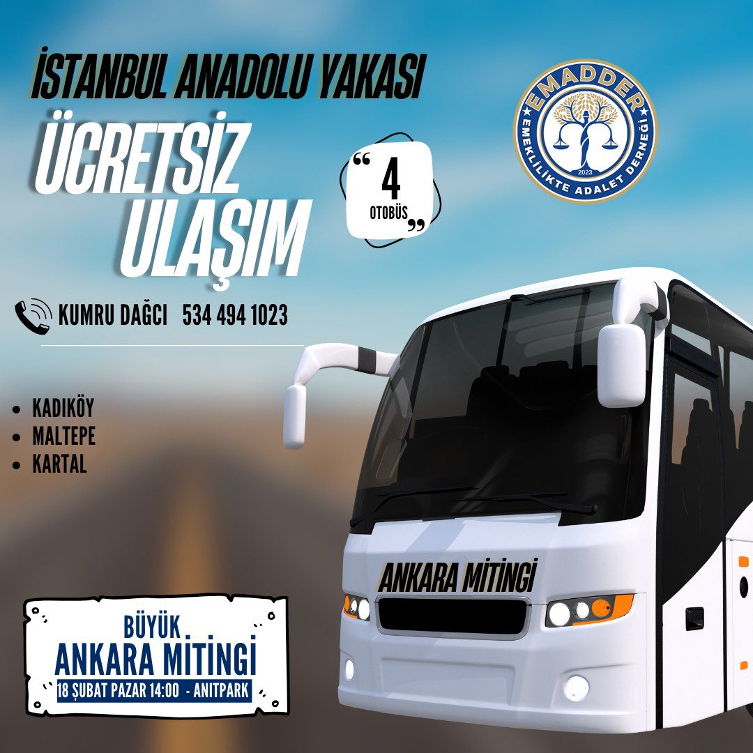 EmadDernegi's tweet photo. 18 ŞUBAT 2024 Büyük Ankara Mitingi için bir çok siyasetçi ve çok çok önemli isimler katılım gösterecektir. Ankara hayati önem taşıyacak arkadaşlar ‼️

Büyük Ankara Mitingi ve 
Anıtkabir Atamızı Ziyaret İçin 
(Anıtkabir Ziyareti Saat 10:00 ‘da) 
👇👇👇👇👇
17 Şubat Akşamı 
İSTANBULDA BİR ÇOK NOKTADAN OTOBÜSLERİMİZ HAREKET EDECEK

Acele Edin ‼️‼️ 
Otobüslerin Dolmasına Çok Az Sayımız Kaldı. 

İSTANBUL ANADOLU YAKASI
KUMRU DAĞCI - 0534 494 10 23

İSTANBUL AVRUPA YAKASI
ERGÜN BALCI - 0535 420 18 83 

@EmadDernegi 

#2000LerAnkaraMitingi