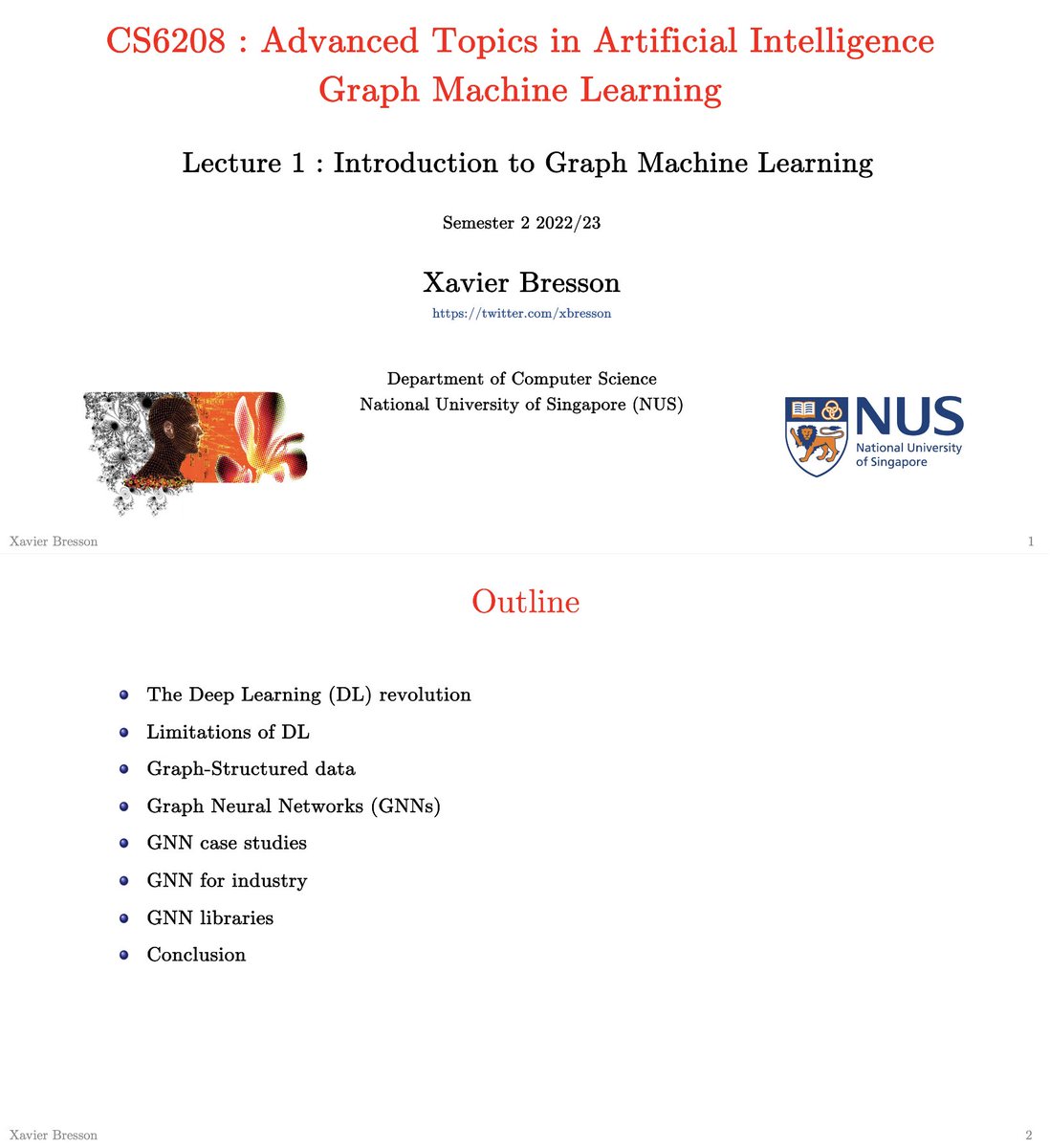 xbresson's tweet photo. Let's get started!😀

Lecture 1 offers a high-level introduction to Graph Machine Learning.

Additionally, check out the top-tier books by @mmbronstein, @TacoCohen, @PetarV_93, and outstanding computing libraries by @DGLGraph, @PyG_Team to learn GML.

https://t.co/RZdOCekxbB https://t.co/Ne8Q25IT7t