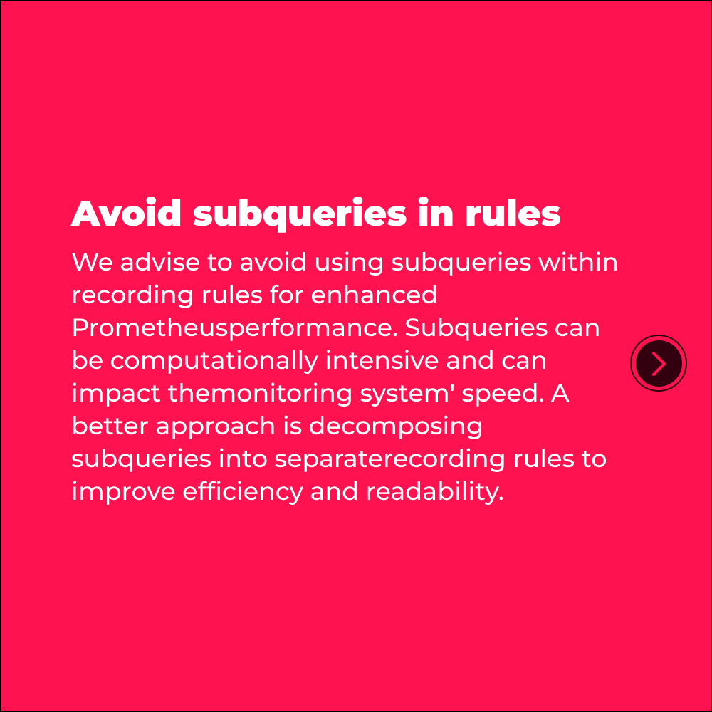 Explore advanced @PrometheusIO techniques in our weekly tips series, focusing on the nuances of Recording Rules. 📊 👇 Follow our page and hit the 🔔 for updates in the top right corner. Do you want +20 tips today? Share this post and drop a 📷 in the our inbox. #prometheus
