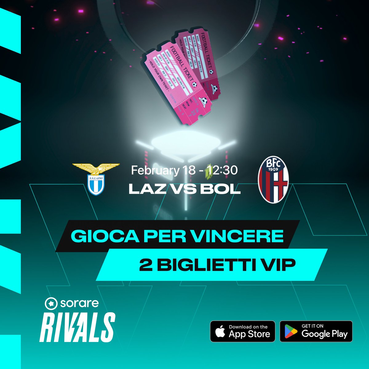 🎁 Vinci 2 biglietti VIP per una partita della Lazio grazie a Sorare:
1. RT + segui @sorare
2. Sfida un amico a Sorare Rivals sul match Lazio vs Bologna
 Gioca a Rivals e prova a vincere ➡️ sorare.onelink.me/NyoD/mnt8y16h
