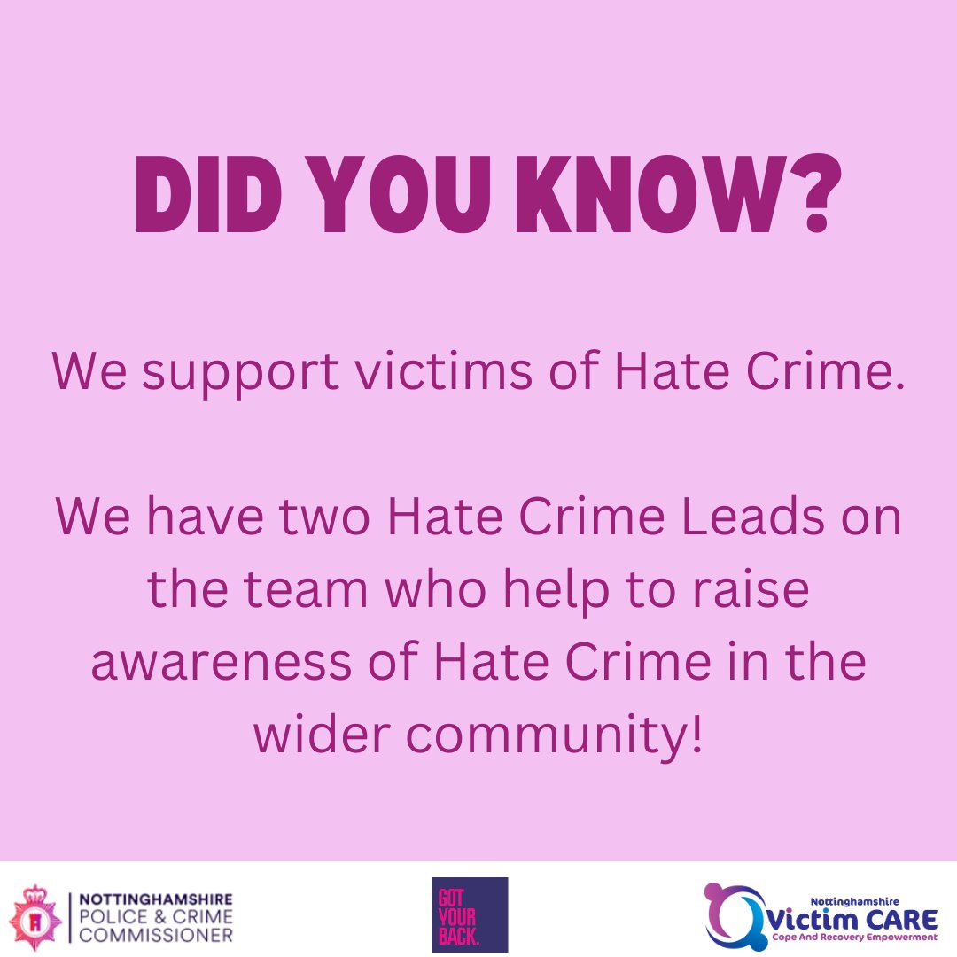 Did you know that we support victims of Hate Crime? ❤️
We have two Hate Crime Leads who we will be introducing you to shortly - Watch this space!
#didyouknow #moreaboutus #hatecrime #hatecrimeleads #nottsvictimcare #gotyourback #supportingvictimsofcrime