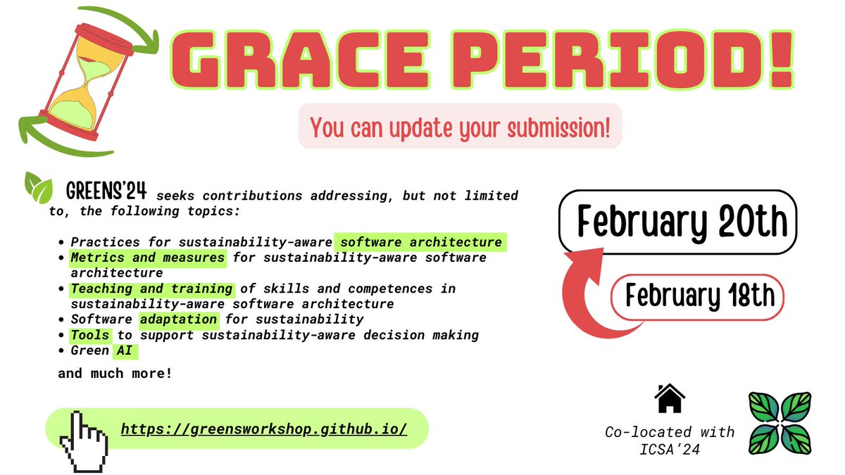 #greens24 is offering you a little extra time ⏳ to refine your paper! You have until February 20th to make any necessary improvements, all while our reviewers are busy bidding on papers! ⚡

🗓️ Submission Deadline: Feb. 18

Help us shape the future of #sustainable #software!  🍃