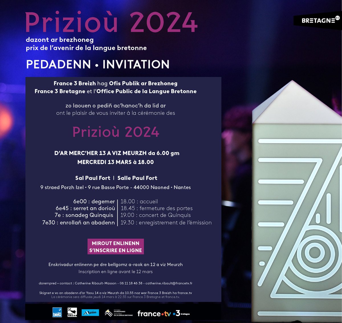 #Naoned #Brezhoneg
🔊 Pedadenn | Invitation
🏆 Prix de l'avenir de la langue bretonne, mercredi 13 mars
💪 Pour la 1ère fois à Nantes !
✒ Mirout enlinenn (digoust) | S'inscrire en ligne (gratuit) :
my.weezevent.com/reservation-pr…