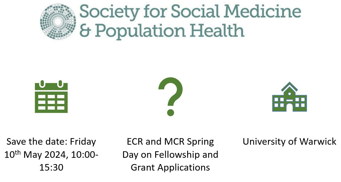 .@ECR_SSM and @MCR_SSM members - save the date for a Spring workshop on Fellowship and Grant Writing! When🗓️: Friday 10th May, 10:00-15:30 Where 🏢: University of Warwick More details on signing up and applying for a travel & accommodataion bursary to follow soon