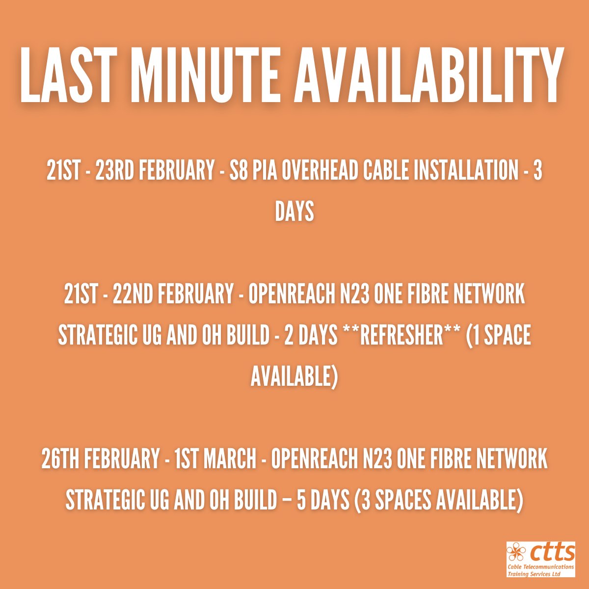 🚨 SPACES NEXT WEEK!👷‍♂️
Get in touch today! 📨☎
If the course you need isn't listed, get in touch to see what we can offer!
➡ cable-training.co.uk
☎ 01522 880900
📨 admin@cable-training.co.uk

#telecoms #telecomstraining #safeworking #CTTS #civilstraining #smartawards