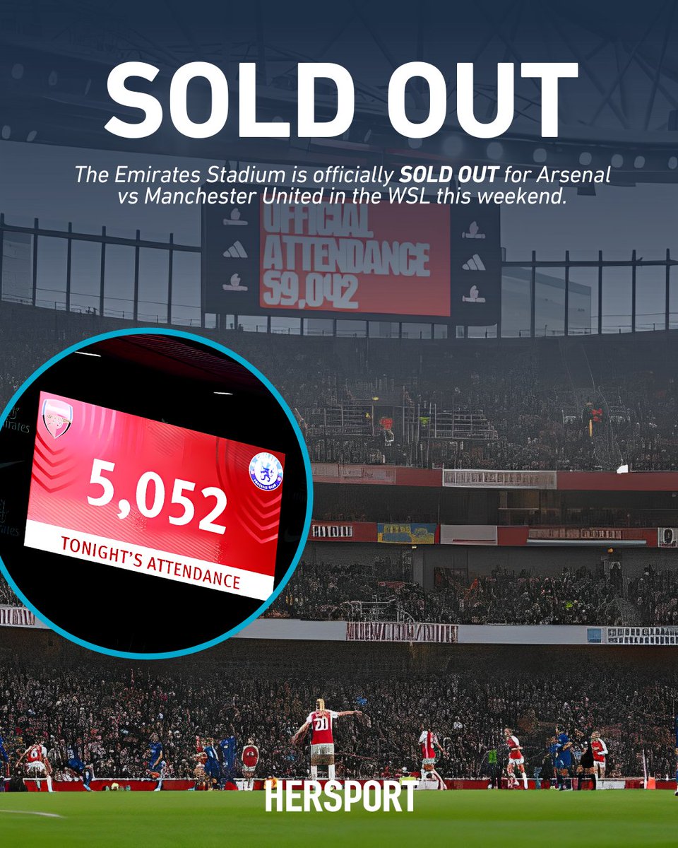 HerSportDotIE's tweet photo. SOLD OUT 🔥

The Emirates is SOLD OUT for the first time in WSL history as Arsenal take on Man Utd this weekend.

In April 2012.. Arsenal set a new attendance record of around 5,000 at the Emirates… 12 years later THEY’VE SOLD OUT. 👏🏼

What a journey. https://t.co/EJwGKxka6y