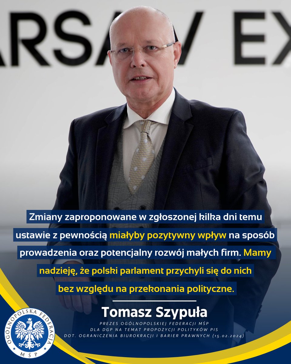 FederacjaMSP's tweet photo. Kilka dni temu posłowie @pisorgpl złożyli projekt o ograniczeniu biurokracji i barier prawnych. 

- Zmiany zaproponowane w ustawie z pewnością miałyby pozytywny wpływ na sposób prowadzenia oraz potencjalny rozwój małych firm - skomentował dla GPS Prezes Tomasz Szypuła https://t.co/jZ1DeHrFs7