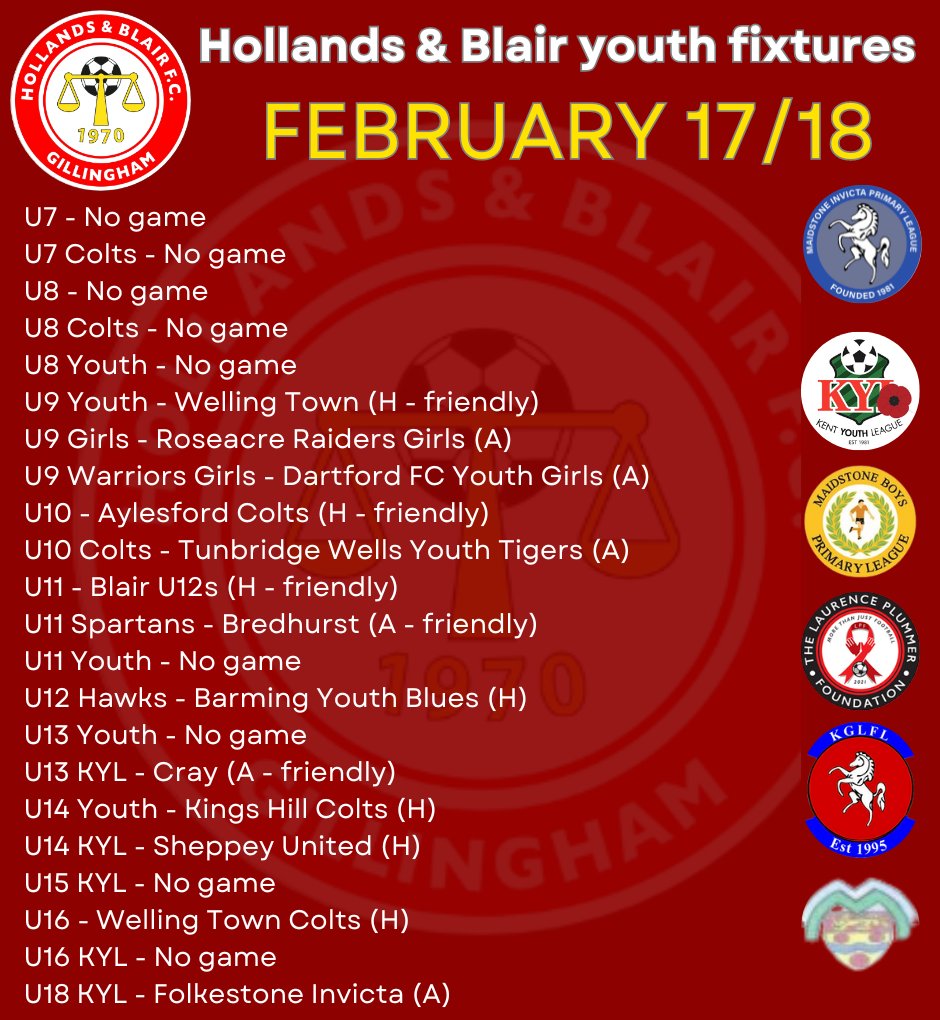 handbfcyouth's tweet photo. Nice smattering of league, cup and friendly games for the @hollandsblairfc youth sides this weekend, good luck to all our boys and girls @KentYouthLeague @PrimaryLge @KGLFL 🔴⚪️🔵🟡⚽️⚽️⚽️⚽️ https://t.co/hhwTmF8rTV