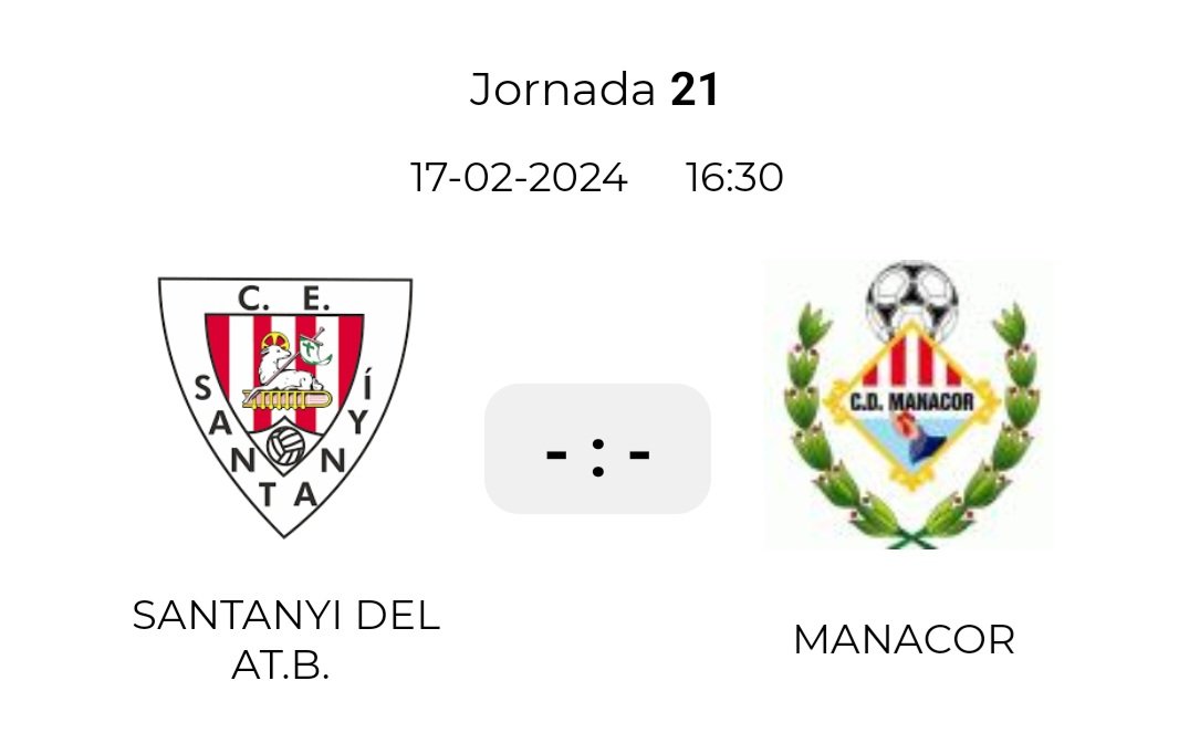 No sé quines feines teniu demà horabaixa, però a la vila hi ha un derbi #AlSurDeLaCarreteraDeManacor que serà un partidarro.
Veniu!!!!
<a href="/CE_Santanyi/">C.E. Santanyi</a> vs <a href="/cemanacor/">CE Manacor</a> 
💪💪💪