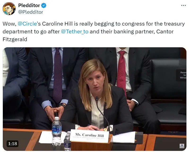 ICODrops's tweet image. .@circle's Caroline Hill is really begging to congress for the treasury department to go after @Tether_to and their banking partner, Cantor Fitzgerald.