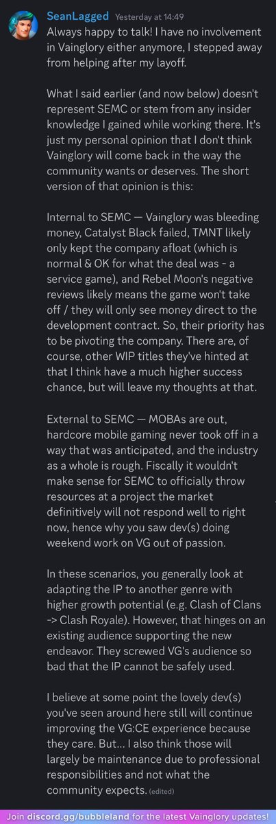 TeamBubbleland's tweet photo. Latest comment on Vainglory by SeanLagged, @teambrokenmyth writer and ex-SEMC staff who left the company in 2022. https://t.co/UWaNM3w4K0