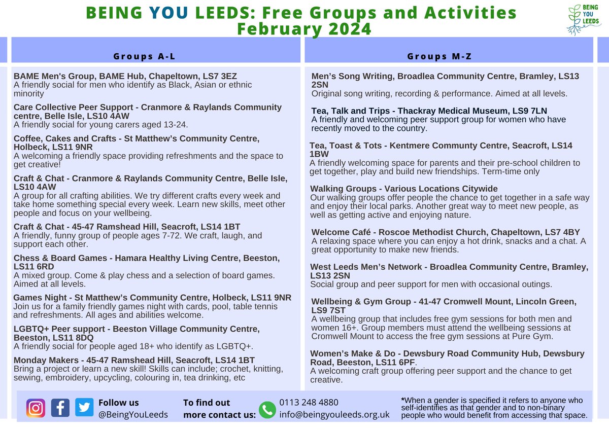 Check out our FREE groups and activities based throughout Leeds. Whether you're looking for crafts, exercise, peer support or a cuppa and a chat - we've got a group for you! Get in touch to book your spot now! 💙💚