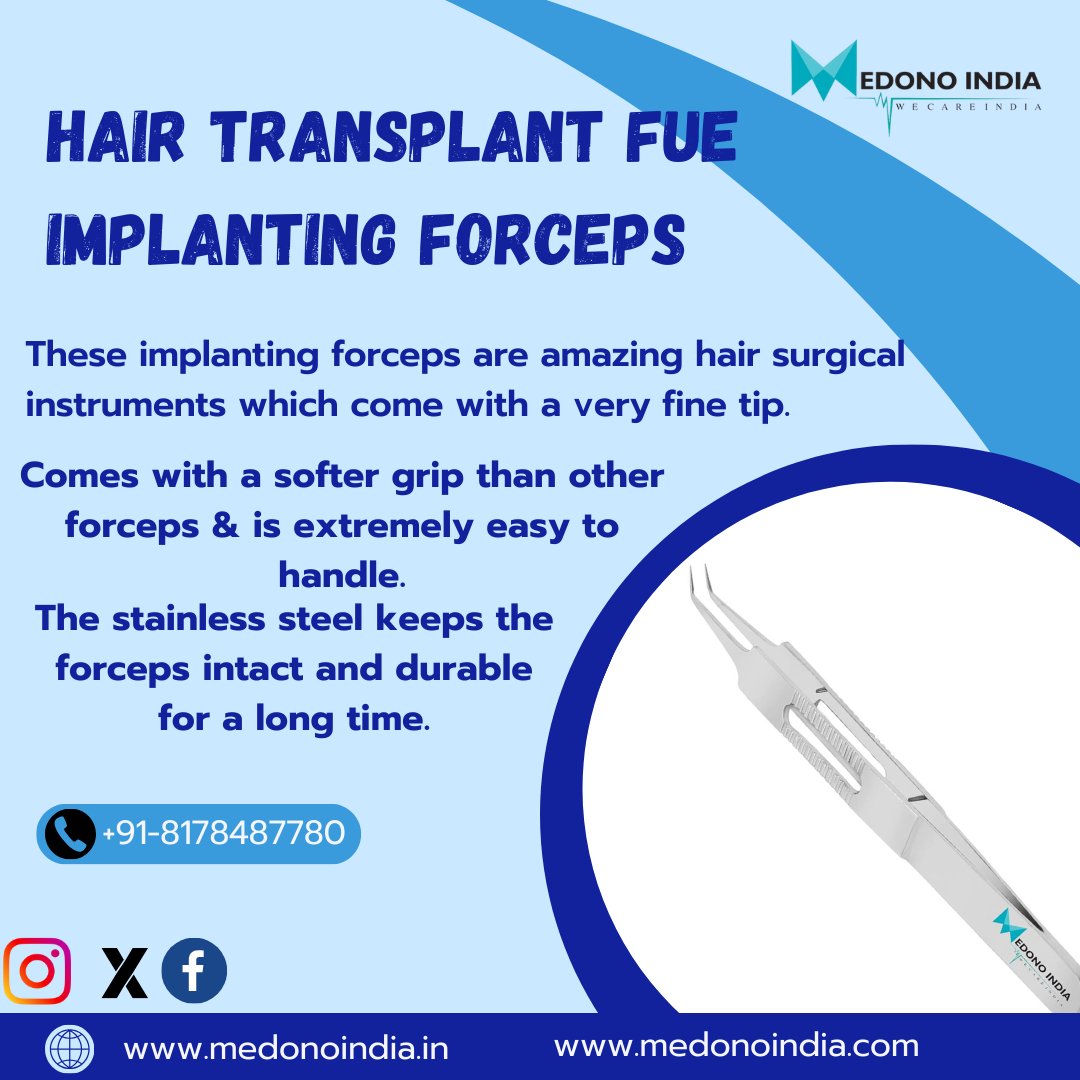 Medono India Hair Transplant Fue Implanting Forceps. These implanting forceps are amazing hair surgical instruments which come with a very fine tip. Call us: +91-8178487780 Email: Care@medonoindia.com #medicalforceps
#hairtransplant
#forceps
#medicalinstruments
#surgicalequipment