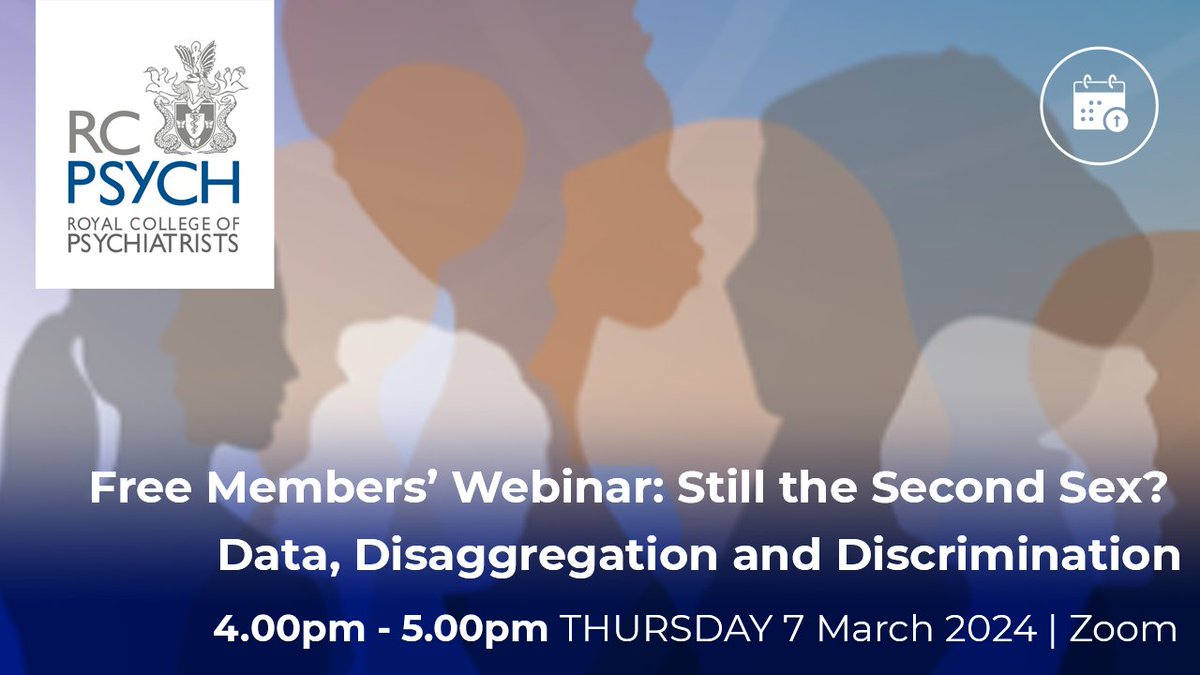 Royal College of Psychiatrists (@rcpsych) on Twitter photo Registration is now open for our Free Members' Webinar for International Women's Day.
Our President <a href="/DrLadeSmith/">Lade Smith CBE</a> will be joined by an excellent line up of speakers to discuss Data, Disaggregation and Discrimination.
Read more and book you place here: rcpsych.ac.uk/events/confere… Registration is now open for our Free Members' Webinar for International Women's Day.
Our President <a href="/DrLadeSmith/">Lade Smith CBE</a> will be joined by an excellent line up of speakers to discuss Data, Disaggregation and Discrimination.
Read more and book you place here: rcpsych.ac.uk/events/confere…