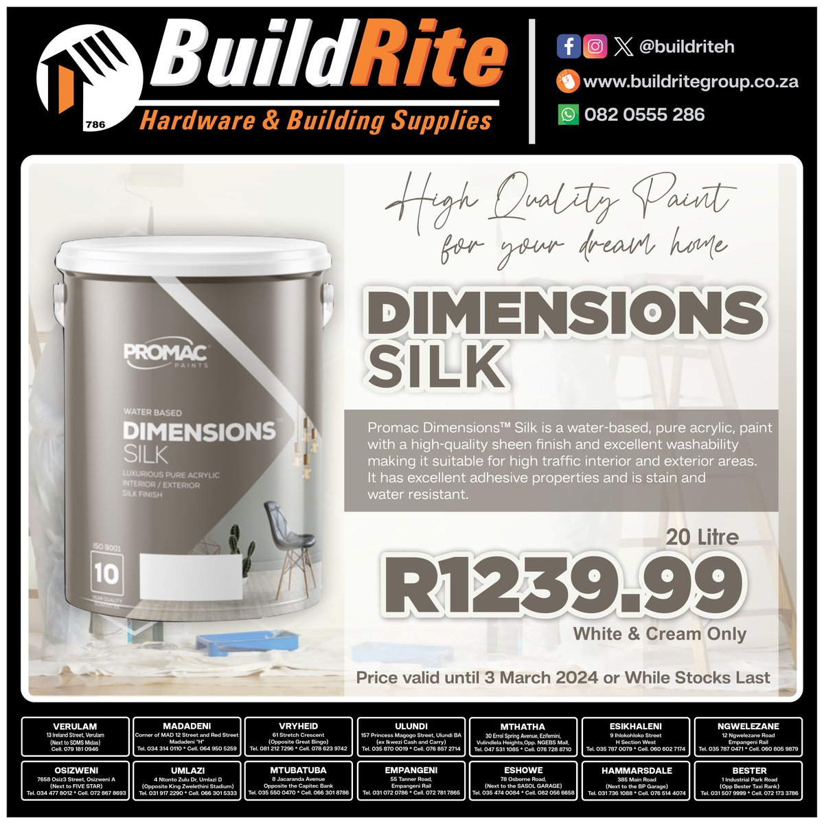 BuildriteH's tweet image. Take advantage of our Promac Dimensions Silk range in two luxurious colours, White and Cream for only R1239.99.
Here at Build Rite Hardware our paints are formulated for effortless application, providing a flawless finish with every brushstroke.

#sale #specials #Promac