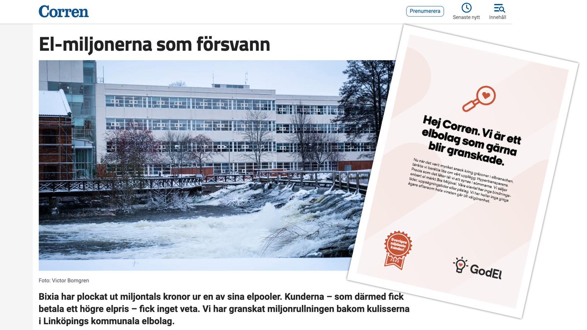 GodEliSverige's tweet photo. Idag annonserar vi i @Corrennyheter. Och det har
@Dagens_Media skrivit om. 

Corren, ni är som sagt välkomna att granska oss och vår hypertransparens🔎 https://t.co/KUPvz6AvwS https://t.co/V6T4DYj5ZO